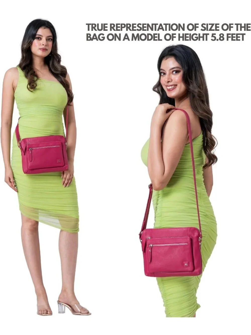 Women's Hot Pink Genuine Leather Sling Purse with Adjustable Strap Crossbody bag